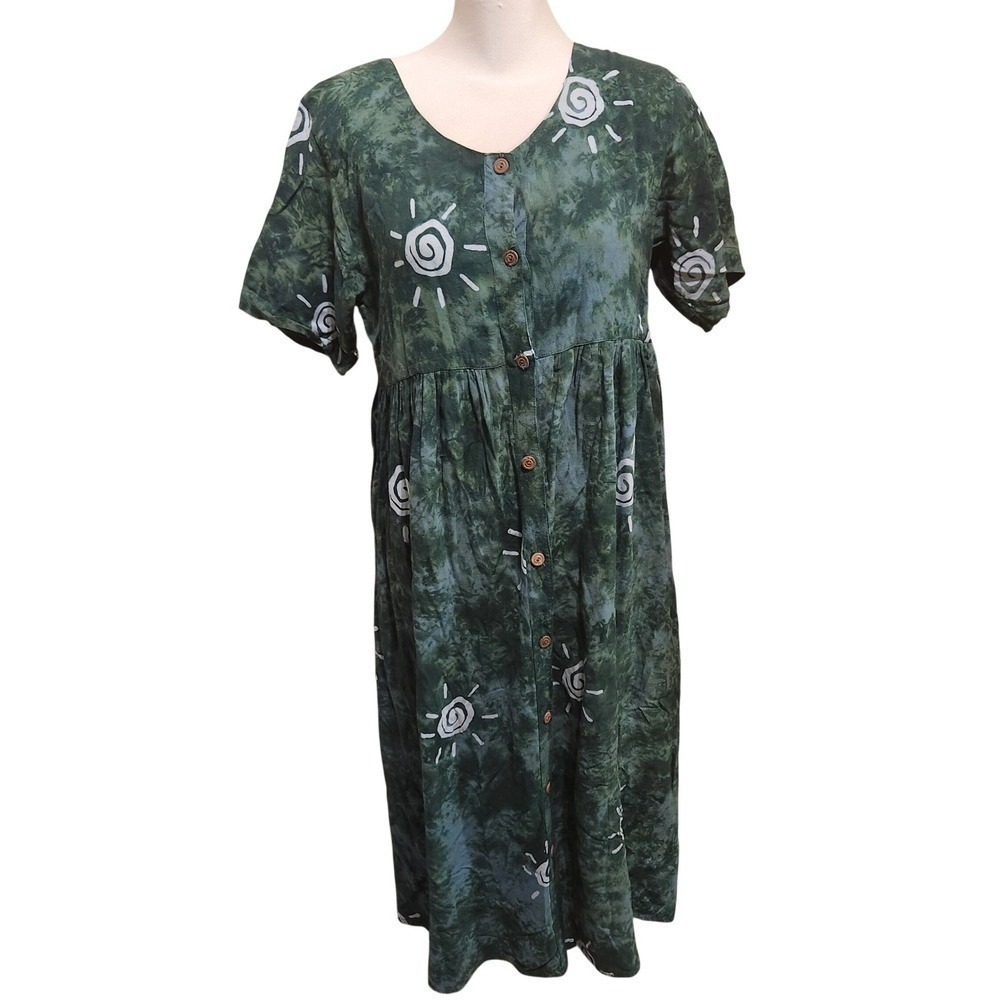 Vintage Green Tie Dye Sun Graphic Button Front Babydoll Midi Dress m/l